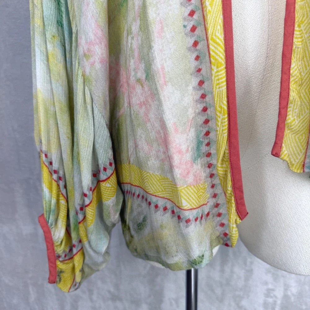 Anthropologie Kimono Cardigan OS Green Yellow Watercolor Boho Artsy whimsical - Picture 6 of 9